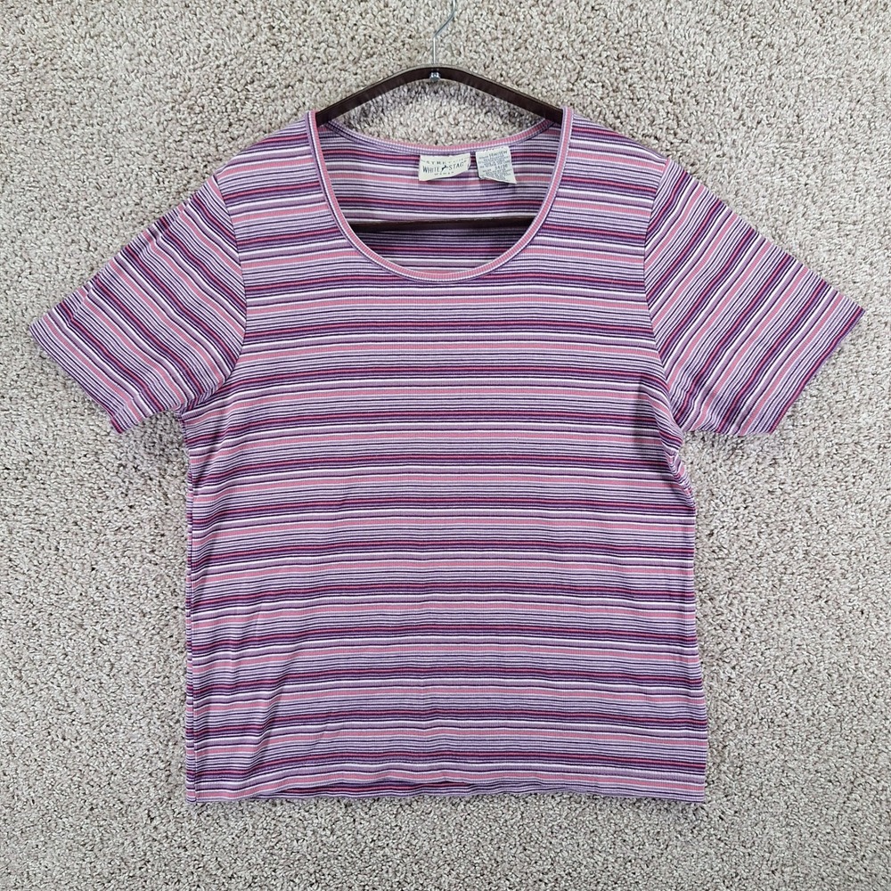 White Stag T-Shirt Woman 14W/16W Purple Petunia Striped Scoop Neck Vintage Y2K